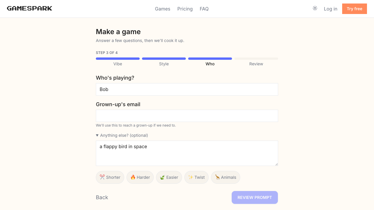 Iterate — refinement chips like Shorter, Harder, Easier, Twist, Animals