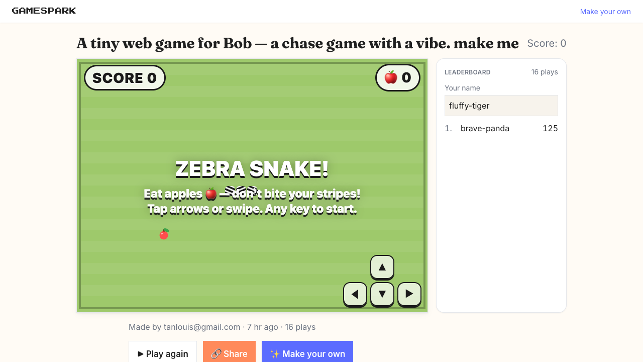 The play page — game canvas with a leaderboard and share buttons