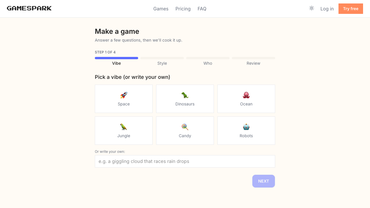 The wizard — a kid types or picks a vibe, style, and details